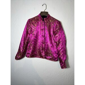 Vintage Women's Black Velvet/Pink Silk Reversible Button Up Jacket Floral Sz M ✅